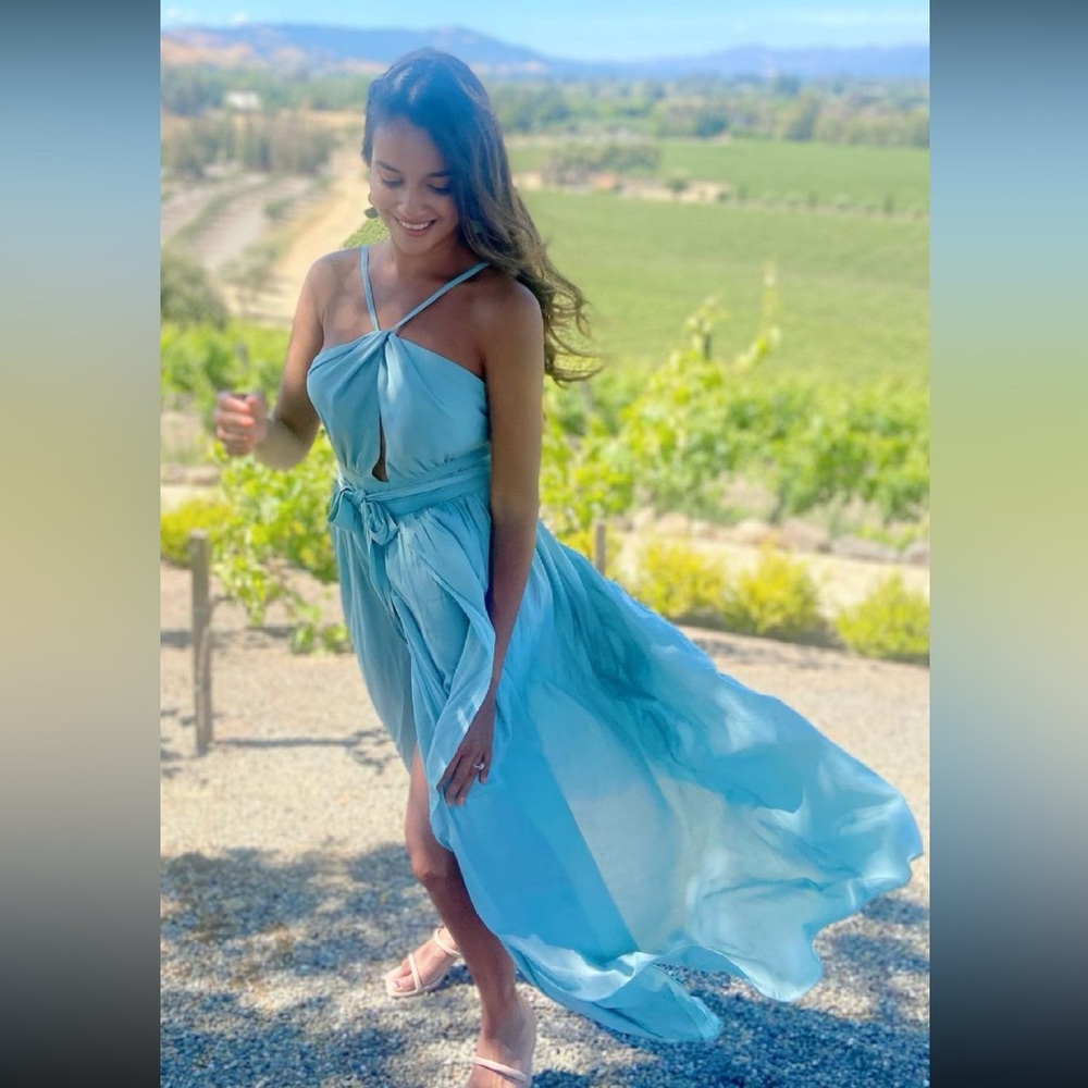 Blue high low halter dress slit